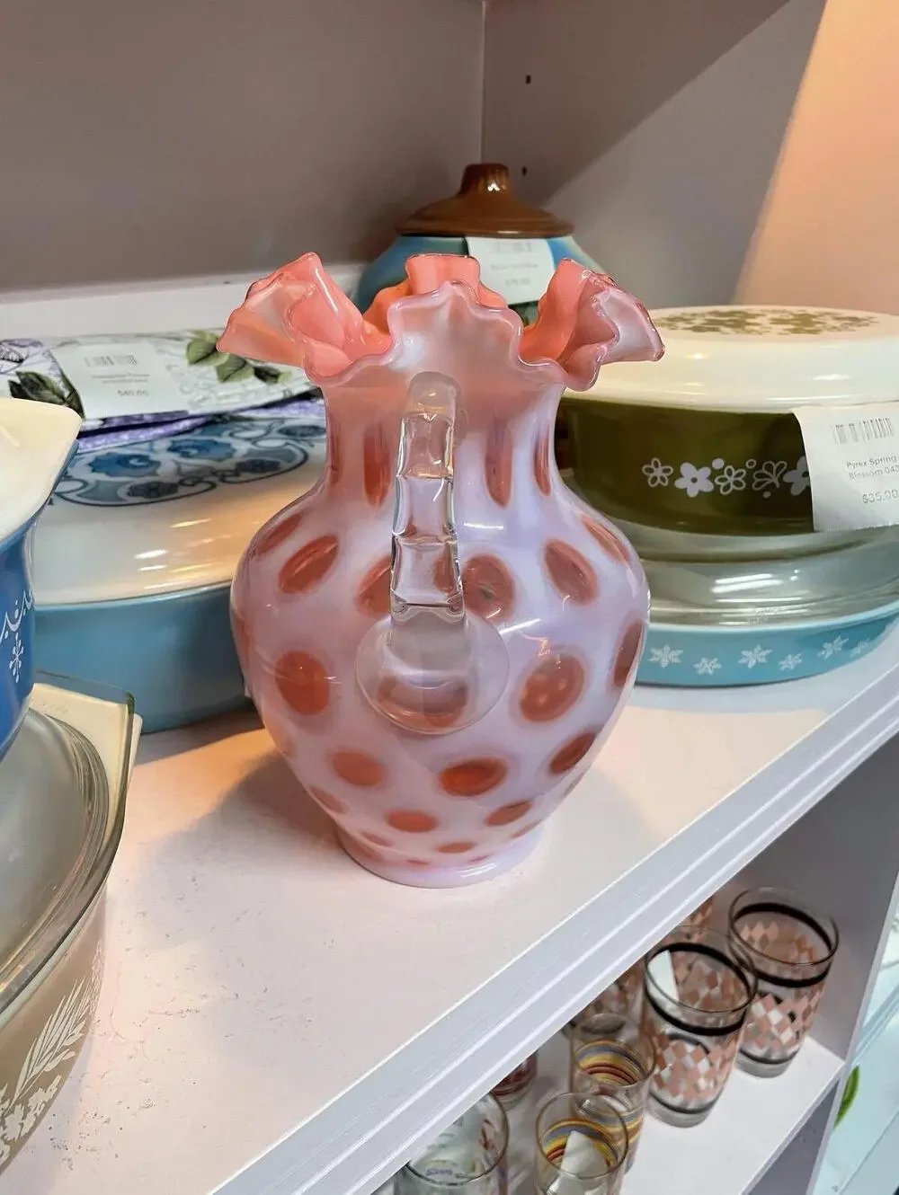 Fenton Vintage Cranberry Opalescent Coin Dot Double Handle Vase